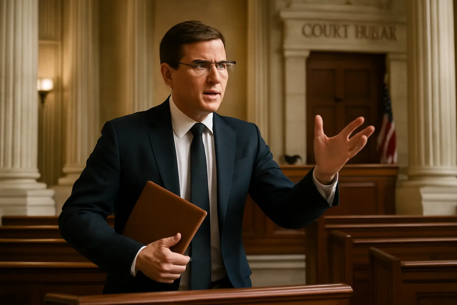 A confident attorney gestures passionately during a debate in a grand courthouse, standing behind a podium with Corinthian columns in the background.