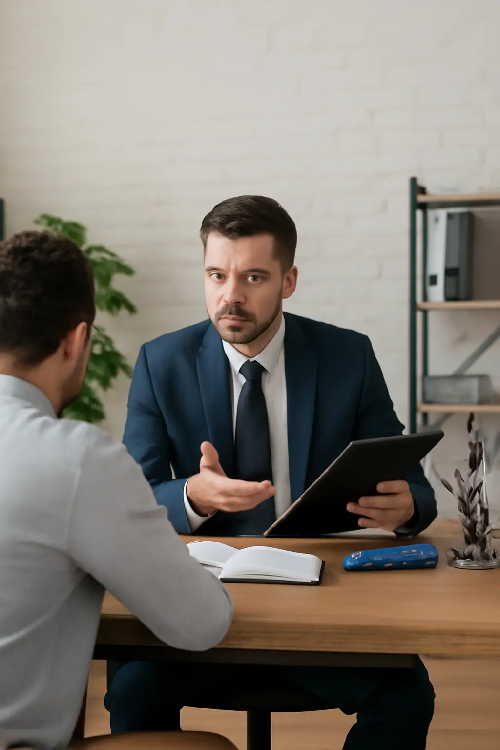 Lawyer consulting client in a professional