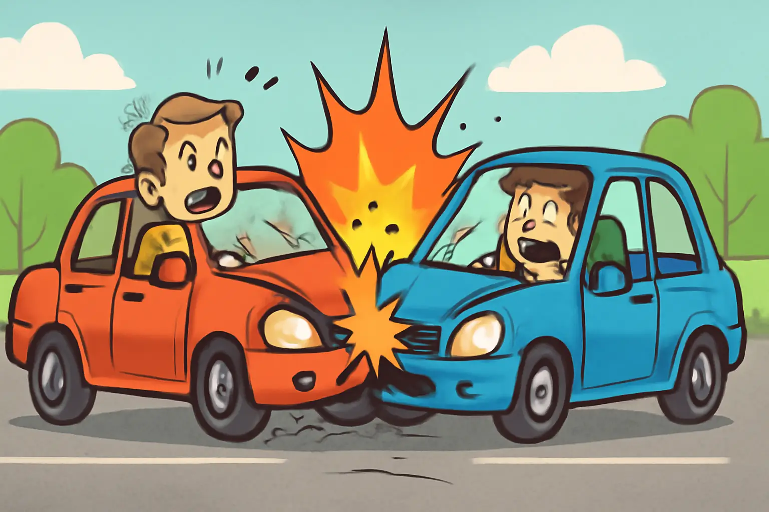 A lighthearted cartoon illustration of a red sedan and blue hatchback colliding on the road, with exaggerated effects and panicked drivers.