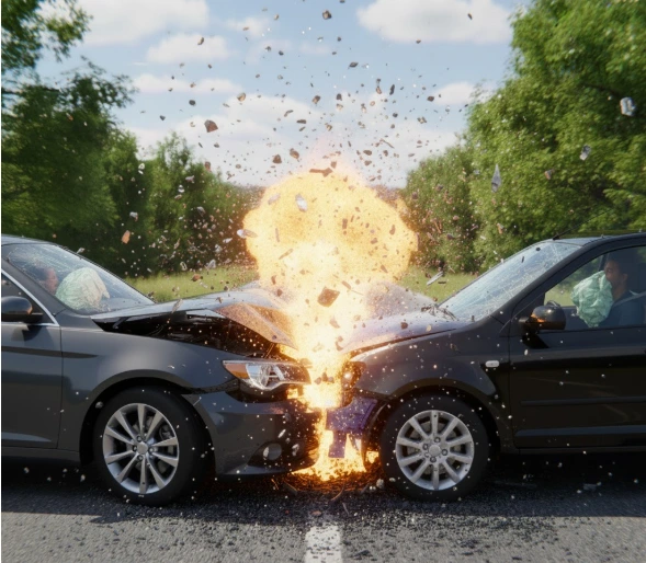 A realistic photo depicting a head-on collision between a black sedan and a dark gray hatchback, with debris scattered on the road. The damaged cars highlight the severity of accidents, prompting the question: is it best to get a lawyer for a car accident?