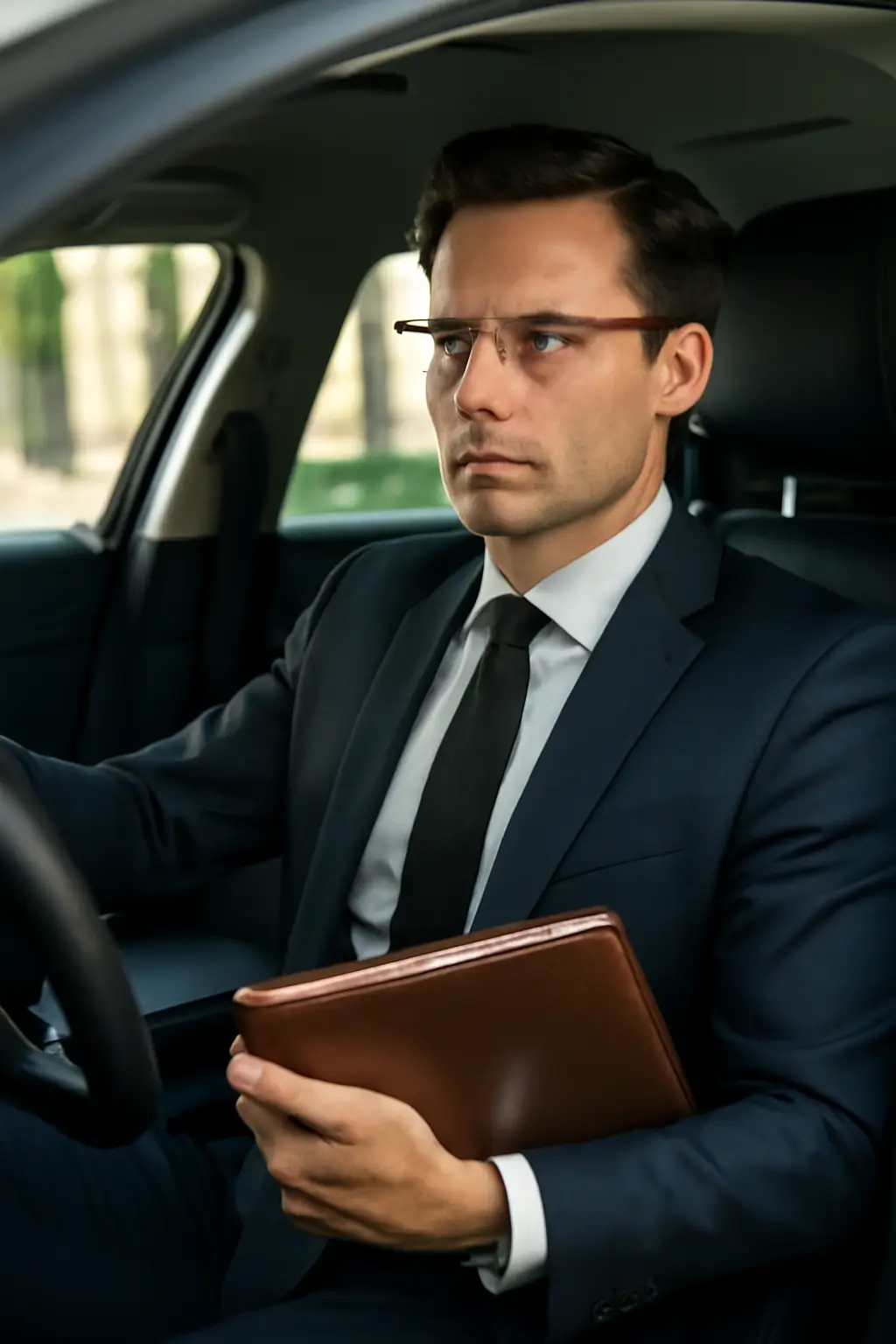 A sharply dressed lawyer in a navy suit holding a portfolio while seated in the driver's seat of a luxury car.