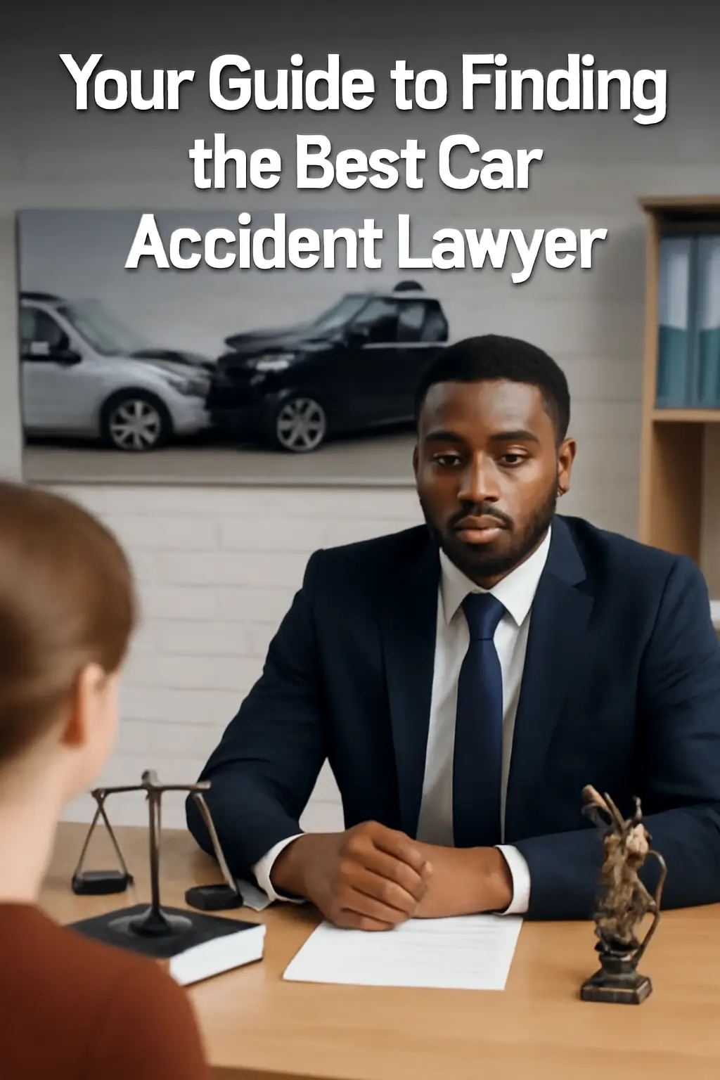 An African American lawyer in a navy-blue suit consulting with a client about a car accident case.