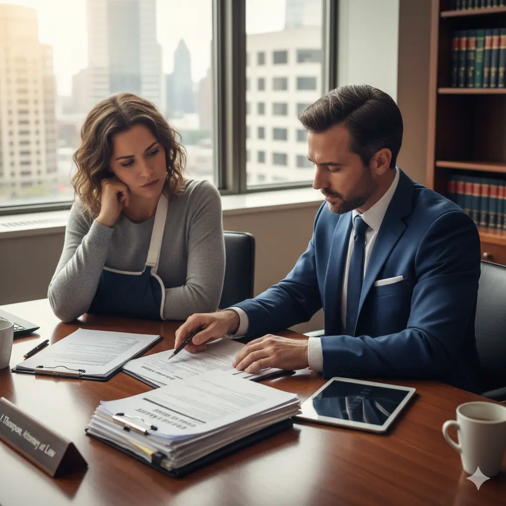 A concerned client sitting with a car accident lawyer discussing case documents in an office.