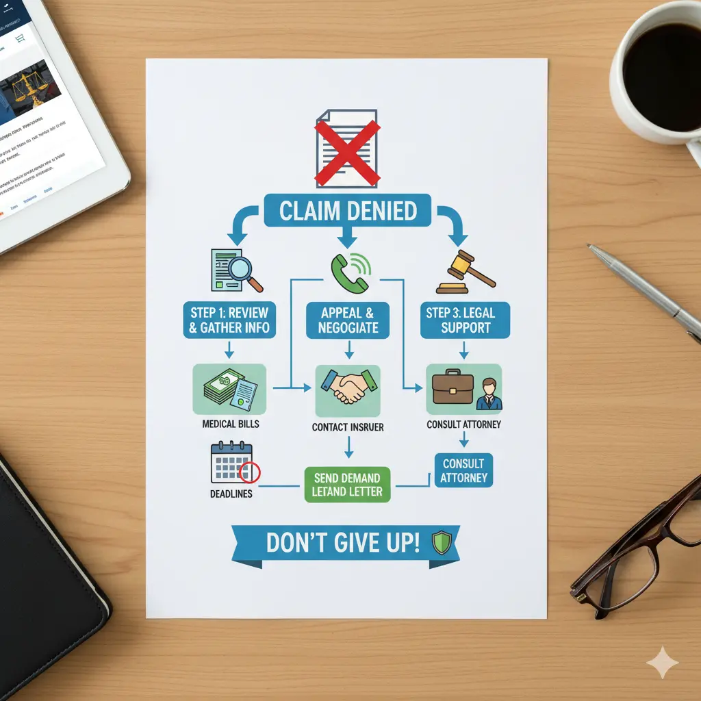 Steps showing what to do if your car accident insurance claim is denied