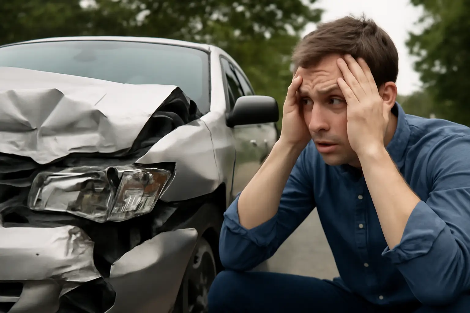 A young man with a worried expression standing beside a severely damaged silver sedan, pressing his hands against his forehead.