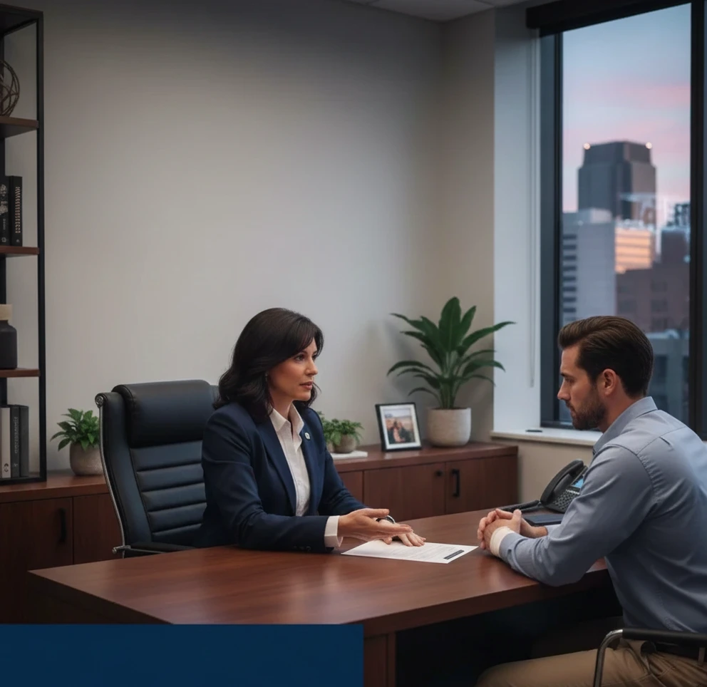 Client meeting a lawyer discussing how much does a Kansas premises liability attorney charge