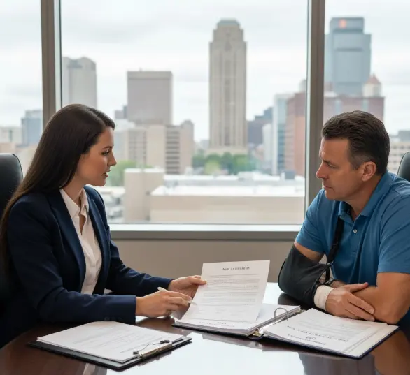 Slip and fall injury attorney in Kansas helping a client with legal advice