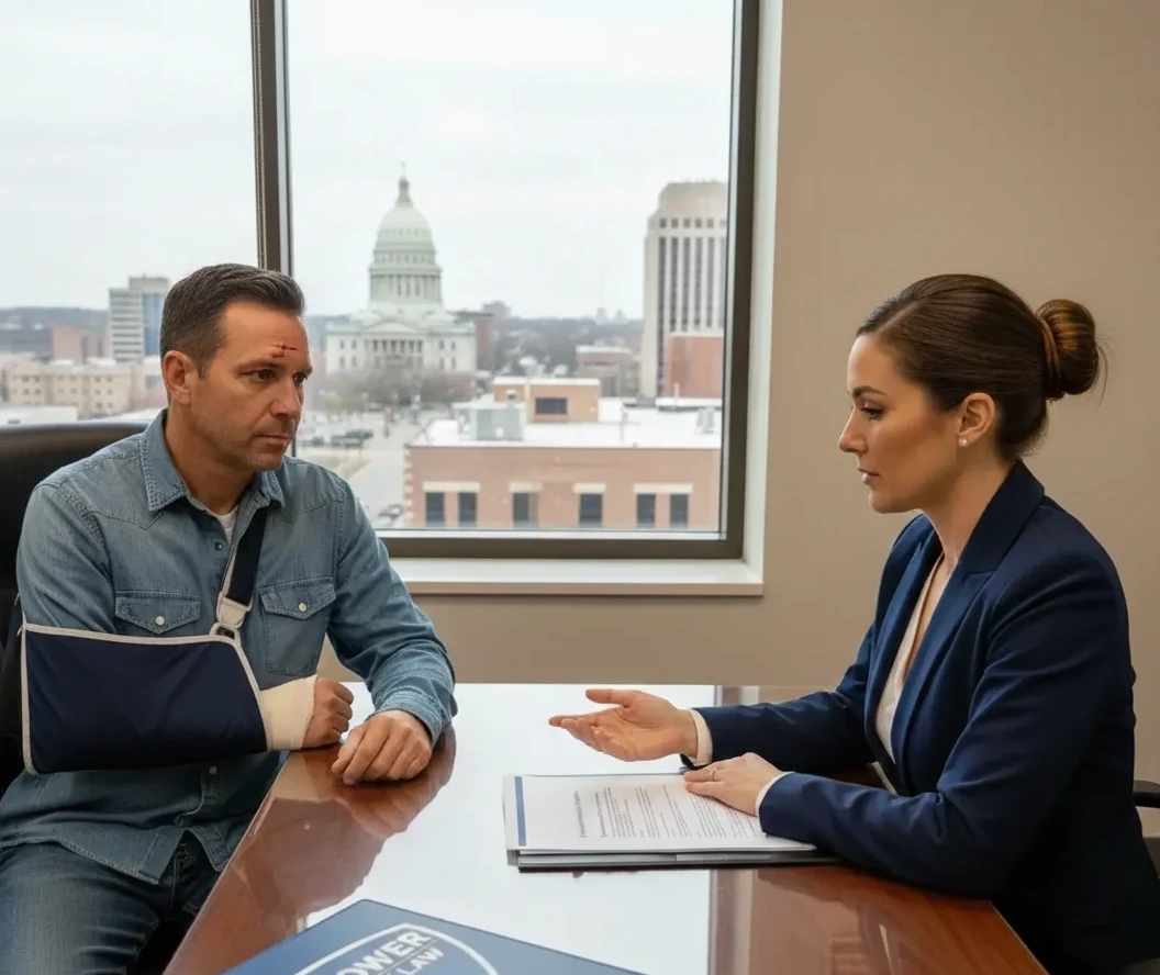 Client meeting lawyer discussing how much does it cost to hire a motorcycle accident attorney in Kansas