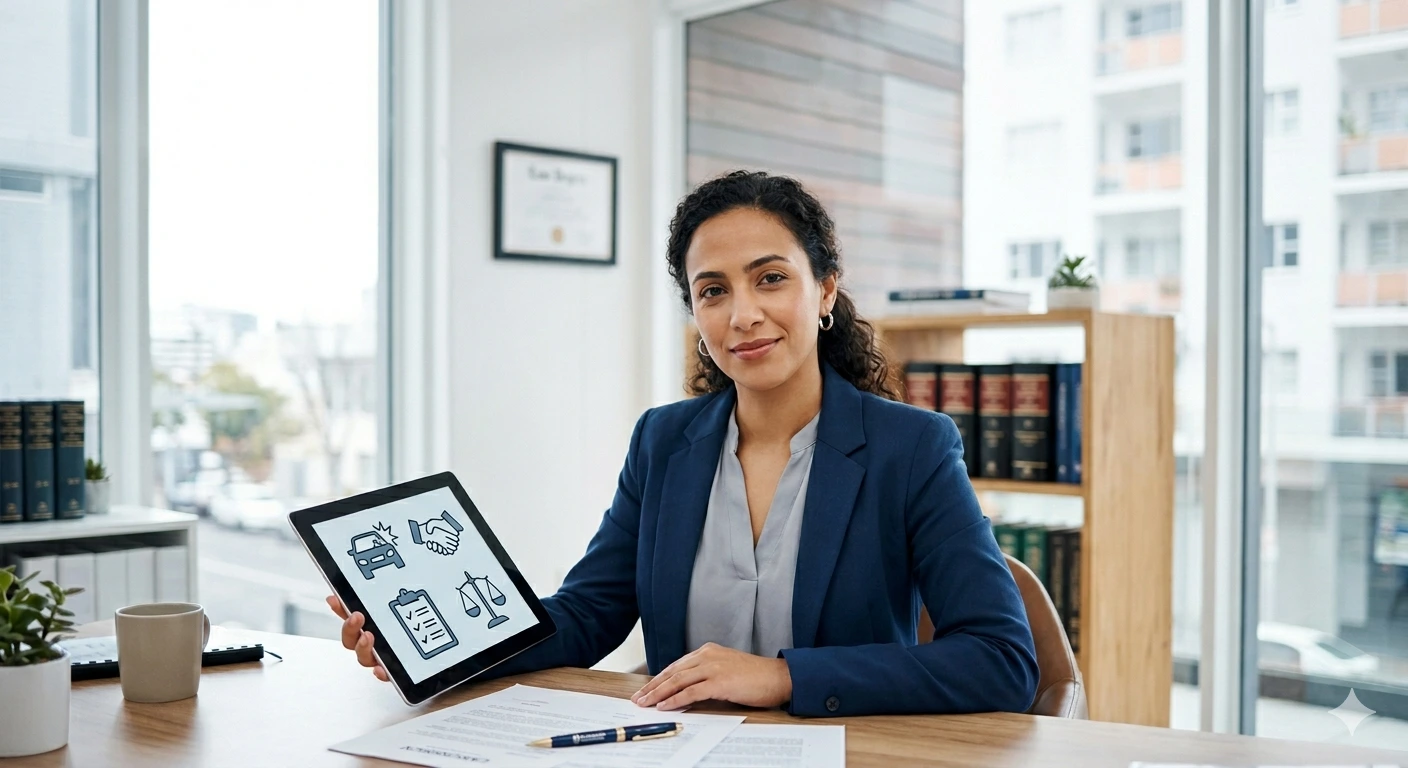 A professional female lawyer in a blue blazer sitting at her desk, holding a tablet displaying legal and auto accident icons.
