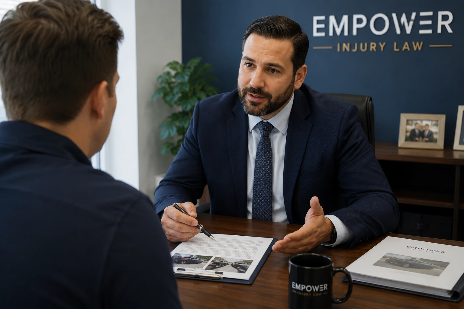 Attorney consulting with a client about an auto accident case at Empower Injury Law