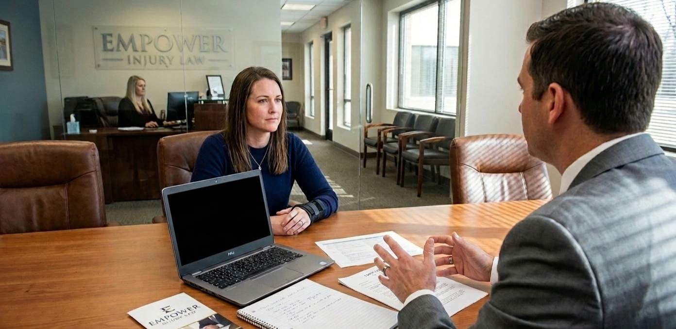 Consultation with Empower Injury Law discussing how to choose a crash lawyer near me, reviewing accident details, insurance claims, and legal options after a car crash