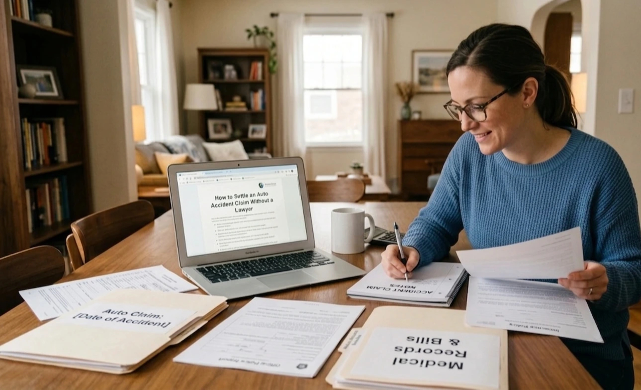 A woman sits at a wooden dining table reviewing insurance documents and writing in a notebook, with a laptop open showing an article titled 'How to Settle an Auto Accident Claim Without a Lawyer'.