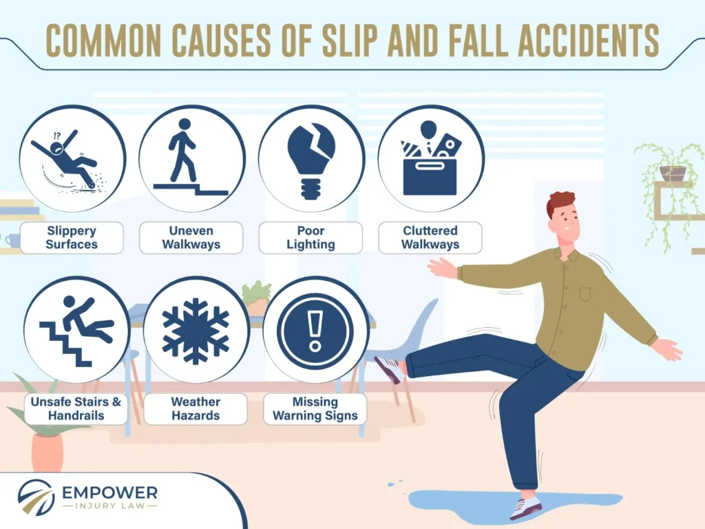 Infographic showing common causes of slip and fall accidents, including slippery surfaces, uneven walkways, poor lighting, cluttered walkways, unsafe stairs and handrails, weather hazards, and missing warning signs.