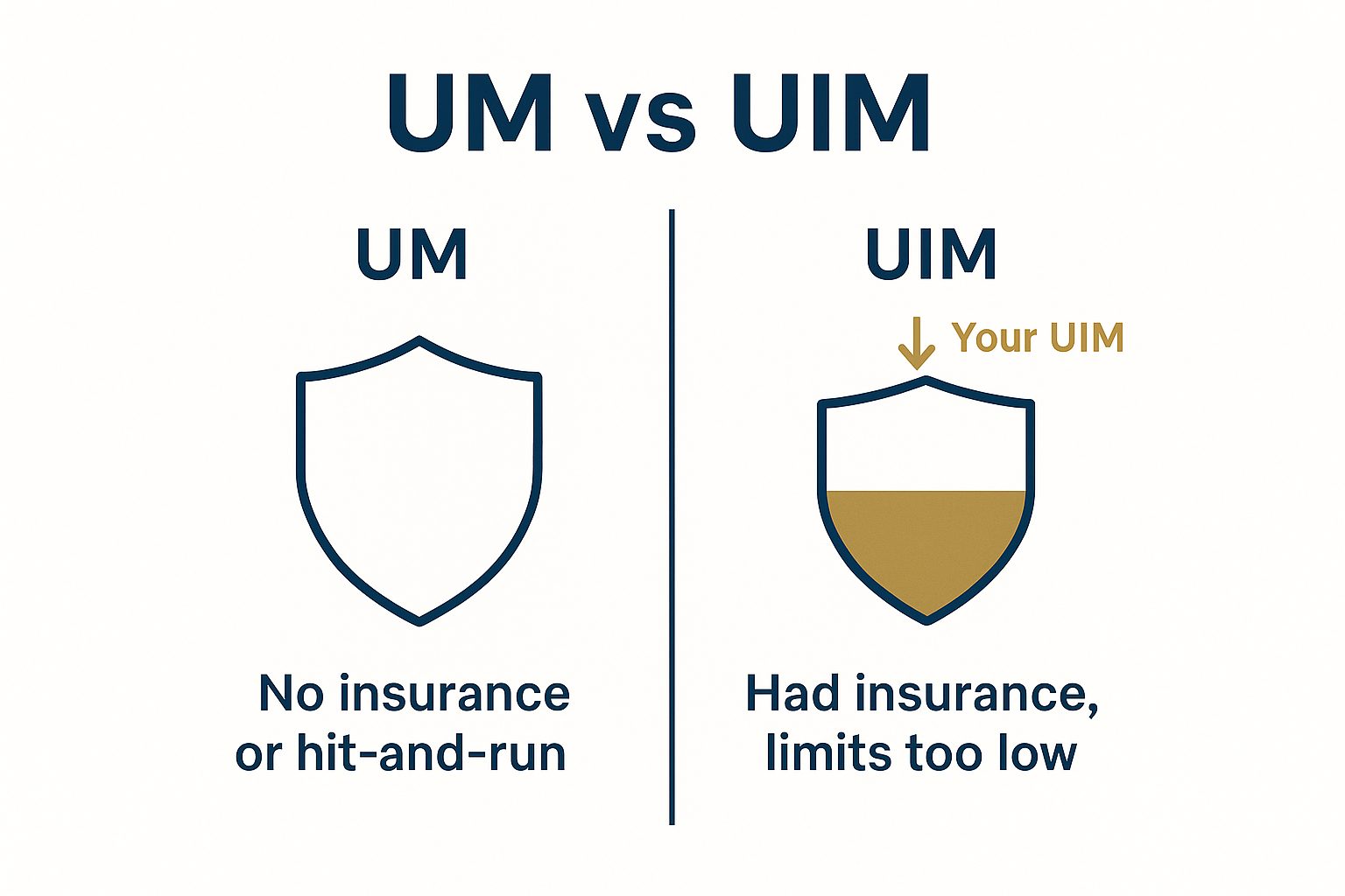 Kansas UM vs UIM: uninsured motorist (UM) coverage applies when the at-fault driver had no insurance or fled; underinsured motorist (UIM) coverage applies when their limits were too low.