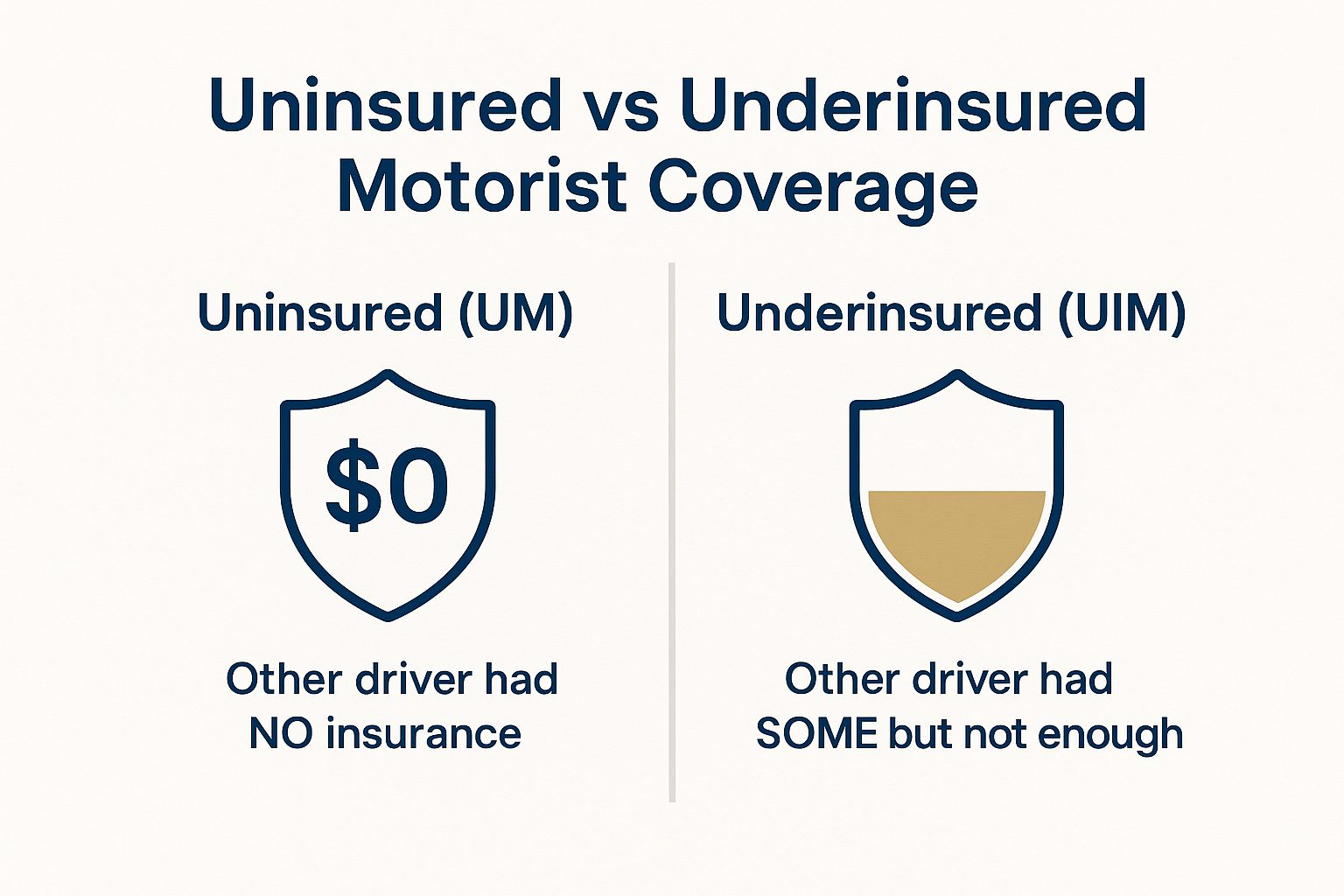 Infographic comparing uninsured motorist (UM) coverage, shown as an empty shield marked zero dollars for a driver with no insurance, and underinsured motorist (UIM) coverage, shown as a partially filled shield for a driver whose insurance was not enough.