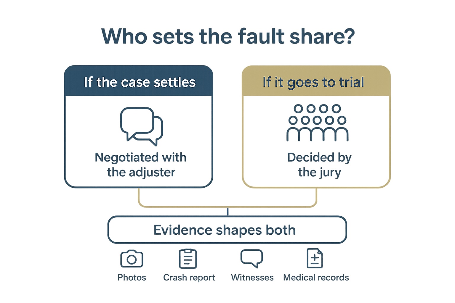 Diagram for a Missouri car accident: fault share is negotiated with the adjuster if the case settles or decided by a jury at trial, and photos, crash report, witnesses, and medical records shape both.