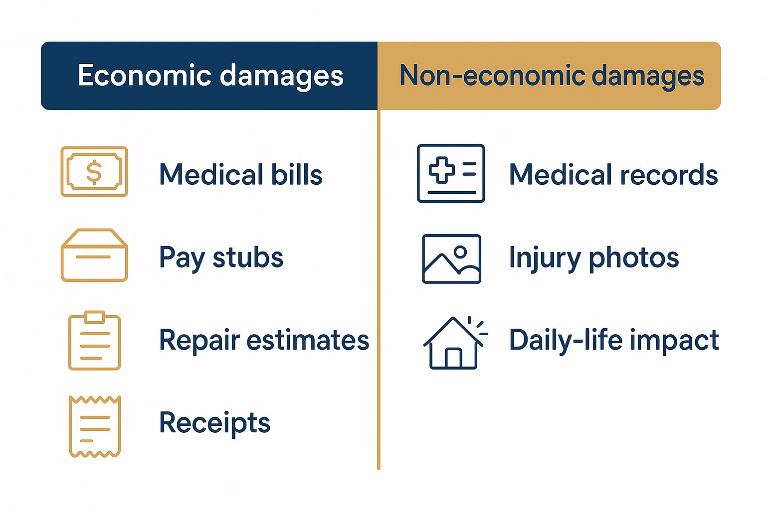 Two-column chart for a Missouri injury claim: economic damages shown by bills, pay stubs, repair estimates, receipts; non-economic by medical records, photos, daily-life impact.