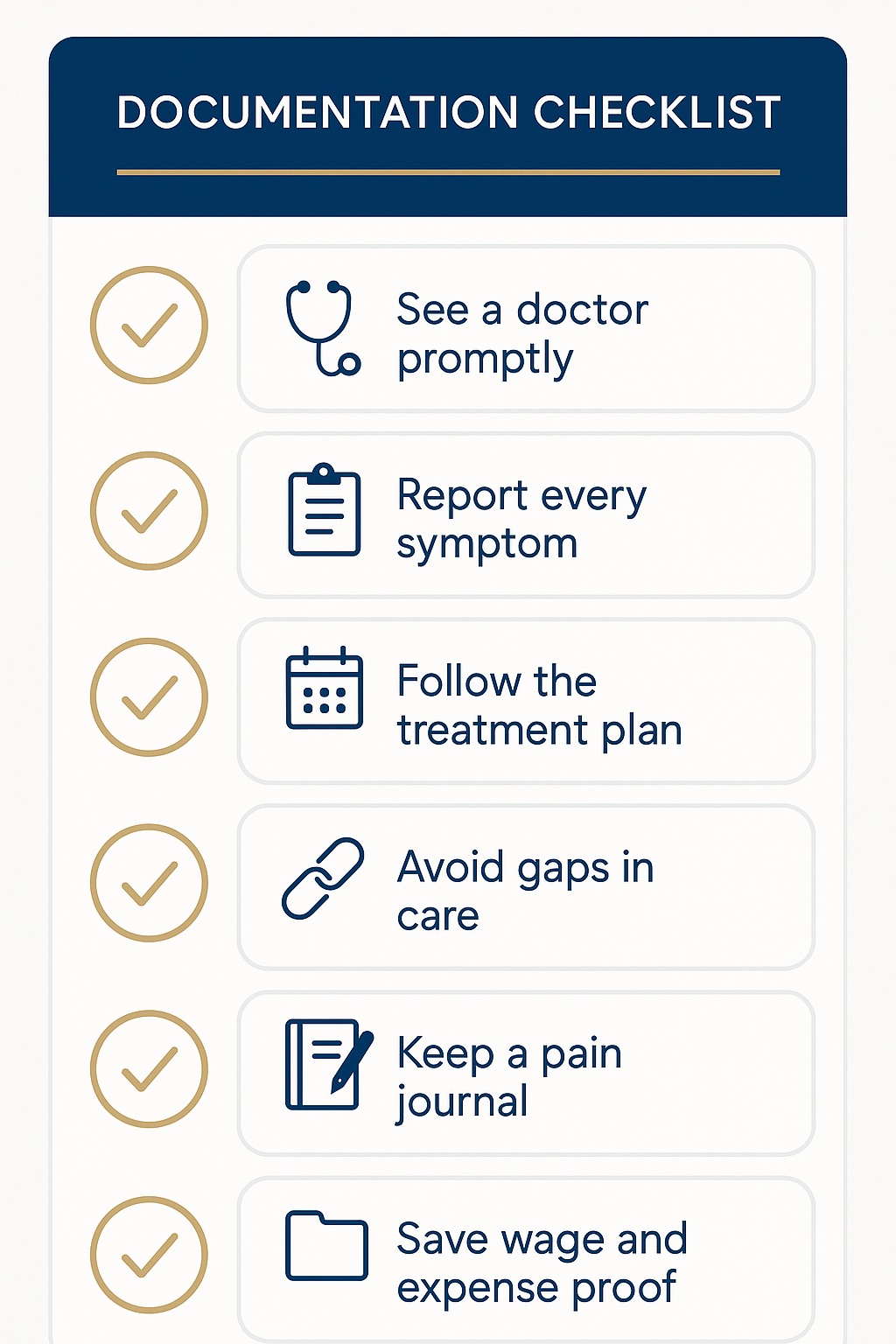 Checklist for documenting a whiplash or soft-tissue injury after a Missouri car accident: see a doctor promptly, report every symptom, follow treatment, avoid gaps, keep a journal, save proof.