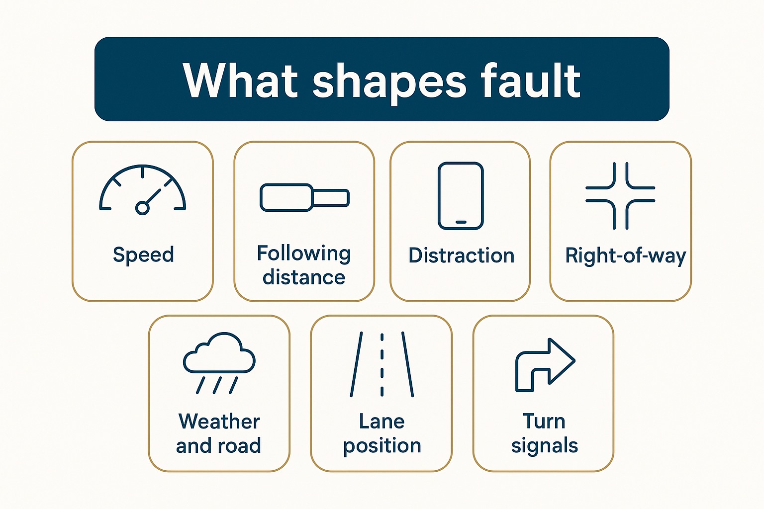Graphic of factors that can shape fault in a Kansas car accident: speed, following distance, distraction, right-of-way, turn signals, lane position, weather and road.