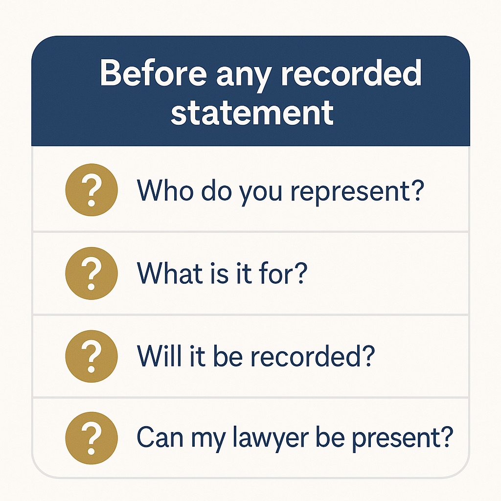 Question card for a Kansas car accident: before any recorded statement, ask who the adjuster represents, what it is for, whether it will be recorded, and whether your lawyer can be present.