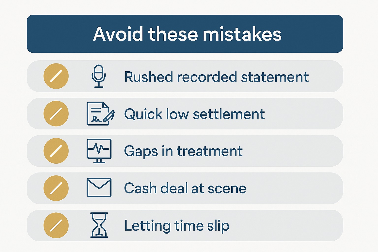 Checklist graphic of mistakes to avoid after an uninsured-driver crash in Kansas: rushed recorded statement, quick low settlement, treatment gaps, cash deal at scene, delay.
