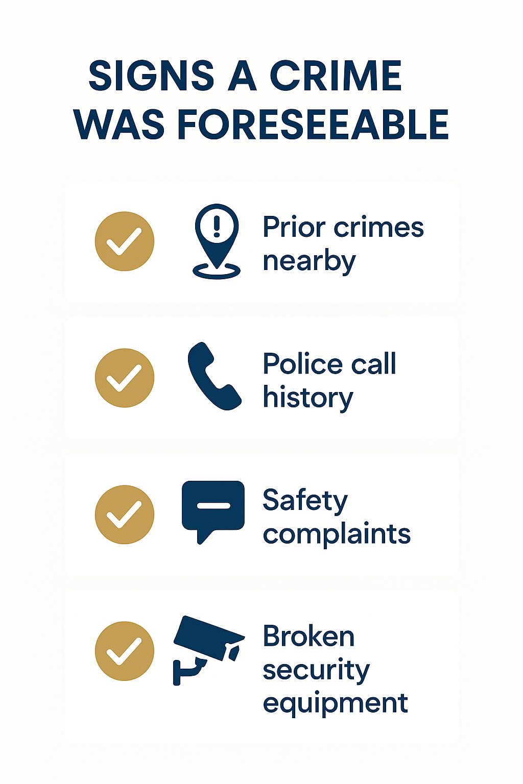 A checklist of evidence categories that tend to show a criminal attack was foreseeable, including prior similar crimes nearby, police call history, prior safety complaints, and broken or ignored security equipment.
