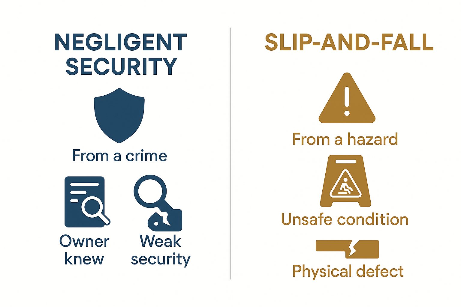 Side-by-side comparison showing negligent security claims arise from a foreseeable crime while slip-and-fall claims arise from a physical hazard, and that each is proven with different evidence.